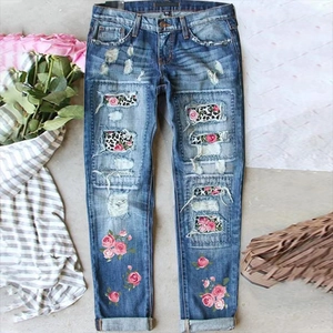 Jeans Strappati Moda Donna con Stampa Rose e Leopardo Pantaloni in Denim a Gamba Dritta a Vita Media Streetwear