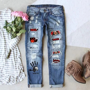 Women Casual Cotton Ripped Straight Leg Jeans MMIW Letter Handprint Printed Mid Waist Denim Long Pants Blue Streetwear