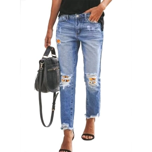 Women High Waist Distressed Ripped Straight Leg Jeans Light Blue Sunflower Floral Patchwork Frayed Hem Streetwear Denim Pants