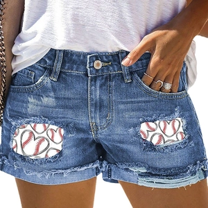 Distressed blue denim shorts with heart baseball print and frayed edges for women
