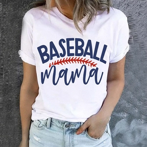 T-Shirt Femme Décontracté Ample Col Rond Manches Courtes Imprimé Lettres Baseball Mama Grande Taille Mélange Coton Top Été Blanc