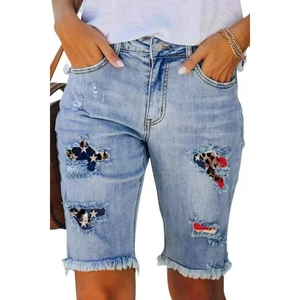 Short en Jean Femme Taille Moyenne Déchiré Imprimé Étoile Léopard Coupe Droite Longueur Genou Short en Denim Avec Ourlet Effiloché