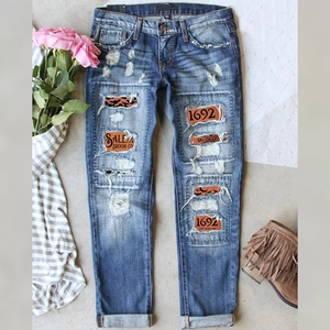 Women Halloween Distressed Straight Leg Jeans Vintage Blue Washed Denim Pants With Salem Broom Co Patches Streetwear Fashion