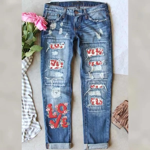 Women's Distressed Jeans Red LOVE Patch Floral Embroidery Mid Waist Straight Leg Denim Long Pants Plus Size Casual Streetwear