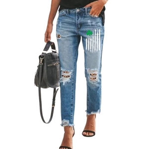 Women St Patrick Day Shamrock Leopard Patch Ripped Straight Leg Jeans Casual Cropped Denim Pants Distressed Streetwear