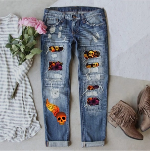 Jeans Déchirés à Imprimé Tête de Mort d'Halloween pour Femmes Pantalon en Denim Délavé Coupe Droite Streetwear Pantalon Casual Bleu