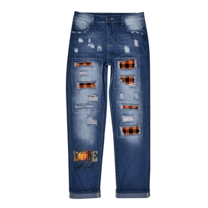 Jeans en Denim Déchiré pour Femmes Halloween Pantalon Jambe Droite Taille Haute avec Patchwork à Carreaux Streetwear