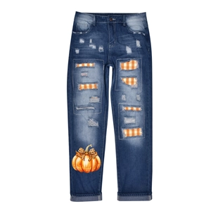 Jeans troués Halloween pour enfants avec carreaux orange et motif citrouille