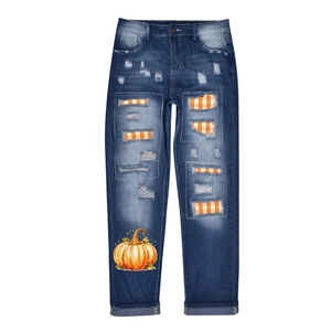 Pantalon en Denim Déchiré pour Femmes Imprimé Citrouille Halloween Patchwork à Carreaux Taille Moyenne Jambe Droite Lavé Casual Streetwear