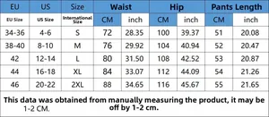 Tabella taglie per pantaloncini di jeans da donna con misure EU e US di vita, fianchi e lunghezza