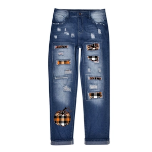 Jeans Déchiré Décontracté pour Femmes Halloween Imprimé Citrouille Plaid Pantalon en Denim Lavé Jambe Droite pour Fête