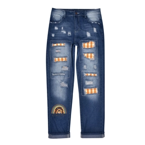 Jeans Femme Jambe Droite Taille Haute Déchiré Avec Patch Plaid Pantalon Denim Halloween Citrouille Arc-en-Ciel Imprimé Streetwear