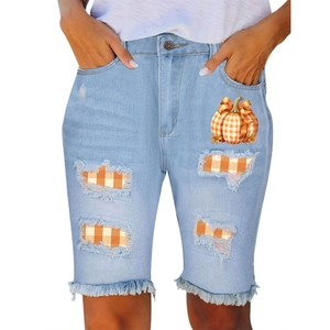 Women Halloween Pumpkin Print Ripped Denim Bermuda Shorts Frayed Hem Mid Waist Straight Leg Cotton Blend Shorts