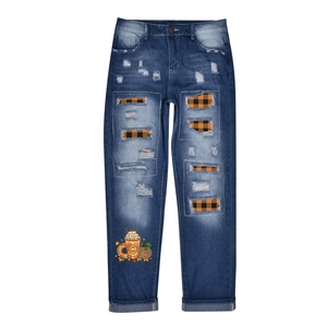 Jeans en Denim Déchiré Halloween pour Femmes Imprimé Citrouille Jambe Droite Pantalon Bleu Délavé Streetwear Casual