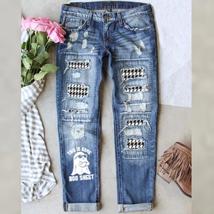 Damen Halloween Zerrissene Jeans Gespenst Druck Denim Hose Locker Gewaschen Gerade Bein Streetwear Lässig Feiertag Hose