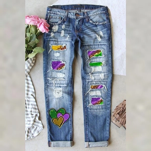 Women's Ripped Straight Leg Denim Jeans Mardi Gras Purple Green Gold Leopard Patchwork Distressed Heart Printed Long Pants