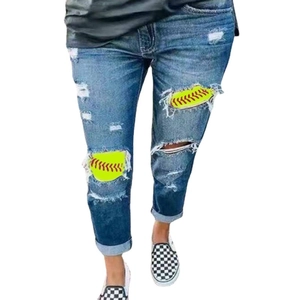Women's slim fit navy blue distressed jeans with creative softball print knee rips