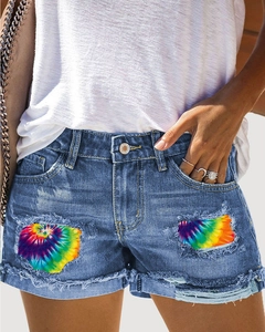 Women High Waisted Distressed Denim Shorts Rainbow Tie Dye Ripped Frayed Hem Streetwear Summer Jean Shorts Hot Pants