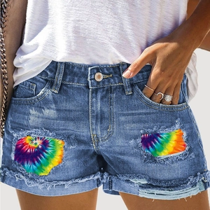 Women's high waist denim shorts with distressed rips and rainbow tie-dye fabric inserts