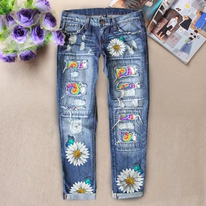 Women High Waisted Straight Jeans Distressed Ripped Denim Pants With Daisy Butterfly Print Tie Dye Patches Loose Cuffed Trouser
