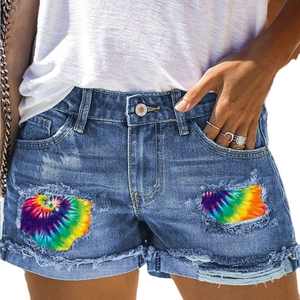 Womens high waist tie dye patchwork ripped denim shorts with fringe and distressed details