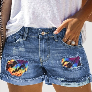 Pantaloncini di Jeans Donna Sexy Strappati Con Patch Tie-Dye Colorati Orlo Sfilacciato Vita Media Casual Estivi