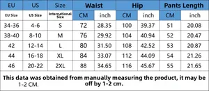 Size chart showing EU, US, and international sizes for women's leopard print denim shorts
