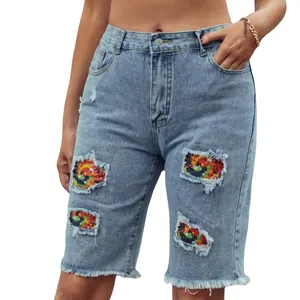 Short en jean taille haute bleu clair avec patchwork déchiré arc-en-ciel tie-dye