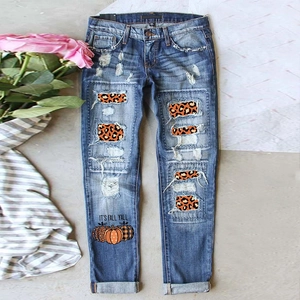 Women Distressed Straight Leg Jeans Pumpkin Leopard Print Patch Washed Denim Pants Autumn Thanksgiving Fashion Holiday Trousers