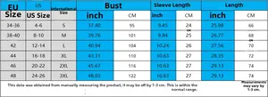 Detailed size chart for women Halloween T-shirts showing EU and US sizes from S to 3XL