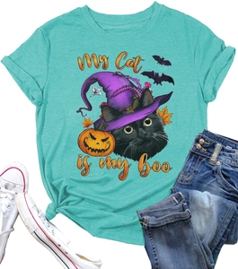 Mint green Halloween cat T-shirt with My Cat is my boo print shown with jeans