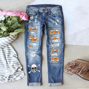 Jean en Denime Déchiré Distressed pour Femmes Imprimé Crâne Halloween Punk Jambe Droite Bleu Lavé Taille Moyenne Pantalon Long