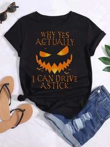 T-Shirt Halloween en Coton à Imprimé Citrouille pour Femmes Manches Courtes Col Rond Graphique de Lettres Haut de Fête