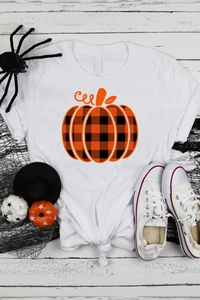 White cotton Halloween T-shirt featuring orange buffalo plaid pumpkin print design