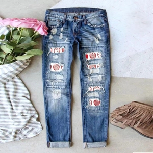 Women Distressed Ripped Jeans Streetwear Apple Patch Denim Straight Leg Washed Pants Fashion Leopard Print Long Trousers