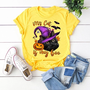 Women's Halloween Cat Pumpkin Print T-Shirt Casual Cotton Blend Round Neck Short Sleeve Holiday Graphic Tee Top