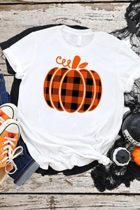 Women Halloween Pumpkin Print T-Shirt Casual Buffalo Plaid Graphic Short Sleeve White Round Neck Top Holiday Clothes