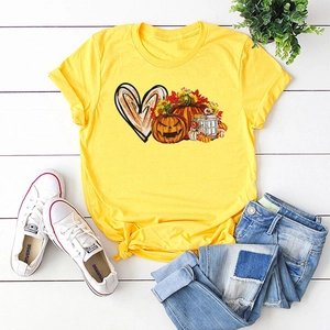 T-Shirt à Manches Courtes pour Femmes avec Imprimé Citrouille et Cœur d'Halloween Col Rond Décontracté Polyester Top Noir