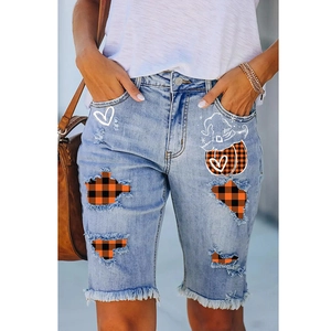 Women Halloween Denim Shorts Distressed Ripped Bermuda Shorts Pumpkin Skeleton Hand Print Light Blue Raw Hem Jean Shorts
