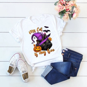 White Halloween cat print short sleeve T-shirt with My Cat is my Boo graphic design