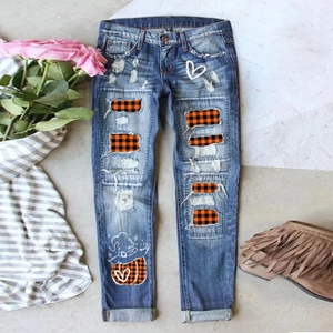 Women Halloween Pumpkin Print Distressed Denim Jeans Witch Hat Heart Plaid Ripped Mid Waist Straight Leg Long Pants