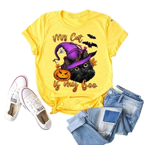Bright yellow Halloween T-shirt with black cat, pumpkin, and My Cat Is My Boo print