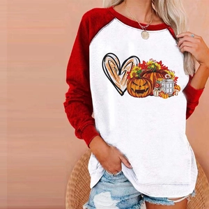 Maglietta da Donna Casual per Halloween Manica Lunga Raglan Girocollo Stampa Amore Cuore Zucca Autunno Misto Cotone Top Festivo
