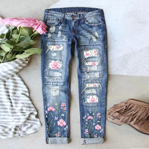 Pantalons Jeans Femme Jambe Droite Déchiré Avec Patchwork Floral Streetwear Denim Délavé Pantalon Long Bleu Taille Moyenne