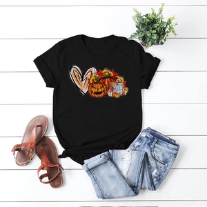 T-shirt Halloween noir pour femme avec imprimé citrouille et tournesol sur fond bois