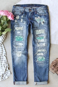 Pantaloni Jeans Donna a Gamba Dritta Distressed Blu Denim Con Stampa Cuore Fiore Paillettes Streetwear Vita Alta
