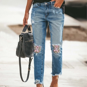 Jeans Donna Gamba Dritta Strappati Pantaloni Denim Distressed Con Toppa Leopardo Fiocco Rosa Cancro al Seno Fight Lettera