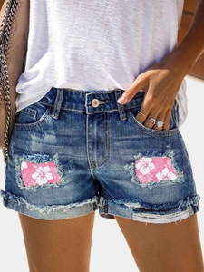 Short en Jean Décontracté d'Été pour Femmes Avec Écussons Floraux Roses Déchiré Bord Franc Taille Moyenne Bleu Streetwear