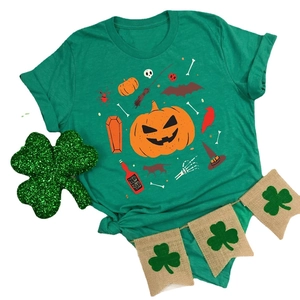 Bright green knot-front T-shirt with colorful Halloween graphic prints for women