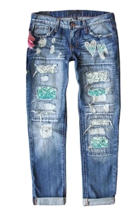 Jeans dritti rilassati con stampe a cuore, motivi floreali e toppe in paillettes blu